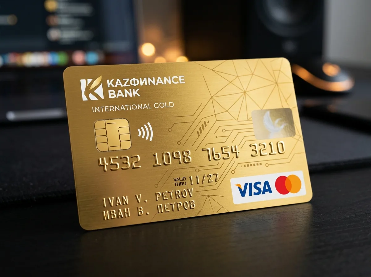 Пластиковая международная карта Visa Mastercard банка СНГ — золотистый пластик на тёмном фоне, логотипы платёжных систем, современный финтех-стиль