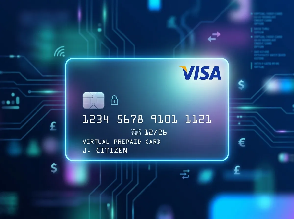 Виртуальная карта Visa на синем фоне, логотип Visa, цифровой стиль