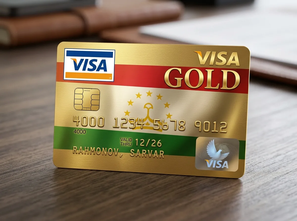 Пластиковая карта Visa Gold золотистого цвета, надпись Gold, логотип Visa, флаг Таджикистана